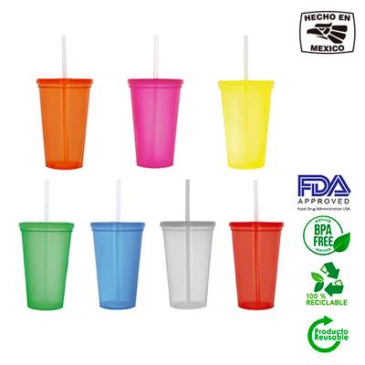 Vaso plástico tapa y popote Vaso plástico tapa y popote - Artículo Promocional Personalizado